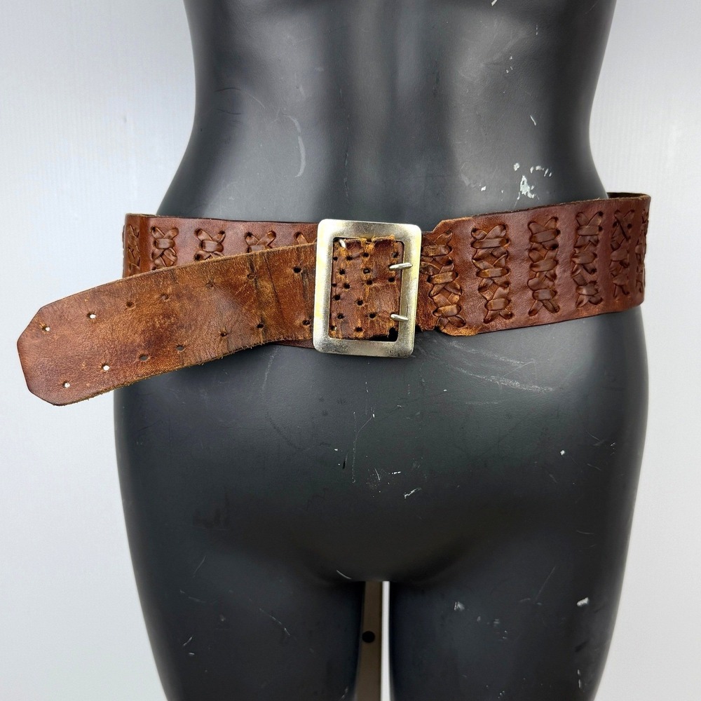 Vintage Boho Wide Brown Leather Woven Lattice Belt Double Prong Buckle 37in